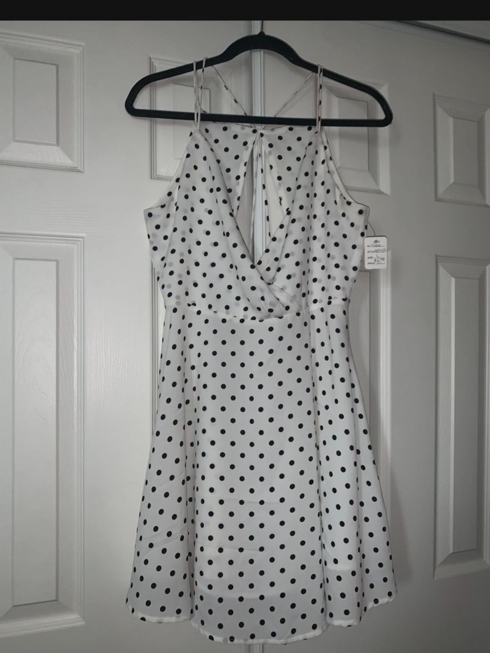 White Polka Dot A-Line Dress with Spaghetti Straps Large